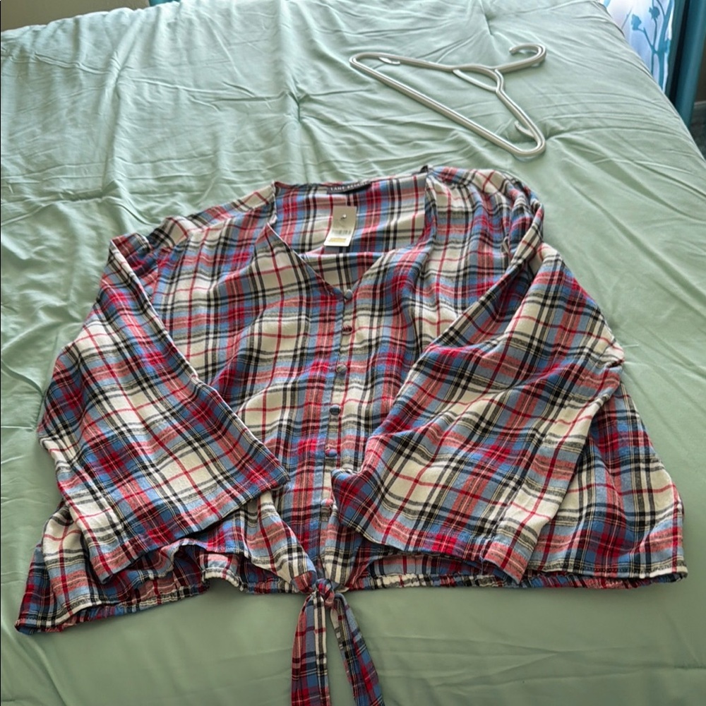 Plaid Button-Front Tie-Hem Top in Red, Blue, Cream